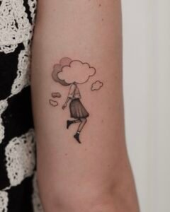 Surreal fine line tattoo of a girl with a cloud for a head floating on an arm, minimalist black and grey illustrative style