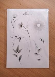 Minimalist fine line floral and celestial tattoo flashes with sun, ginkgo leaves